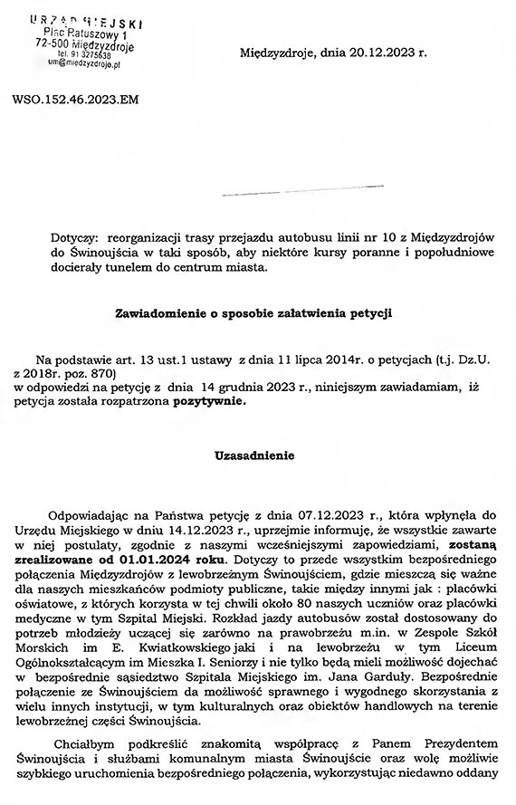 Burmistrz Midzyzdrojw bardzo szybko i pozytywnie zareagowa na petycj Mieszkacw