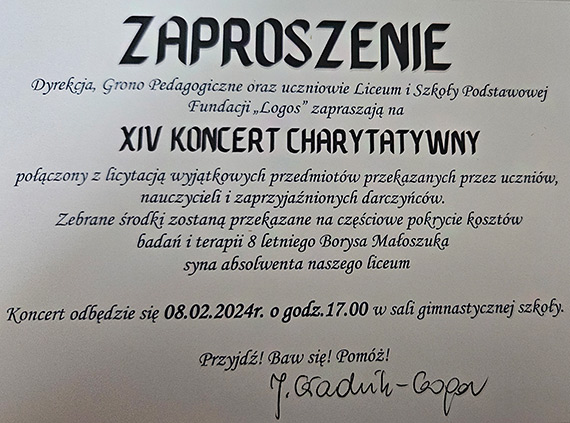 Zaproszenie na XIV koncert charytatywny Fundacji „Logos”