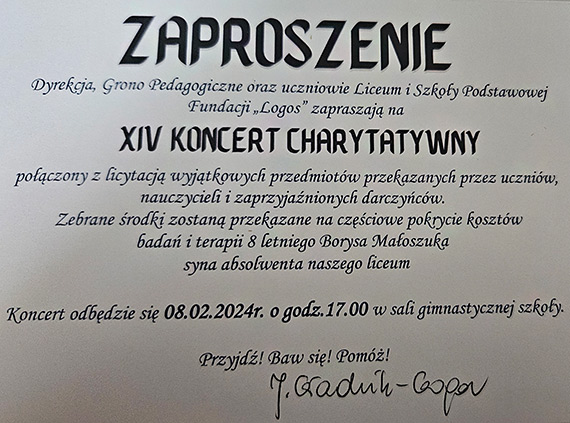 Zaproszenie na XIV koncert charytatywny Fundacji „Logos”