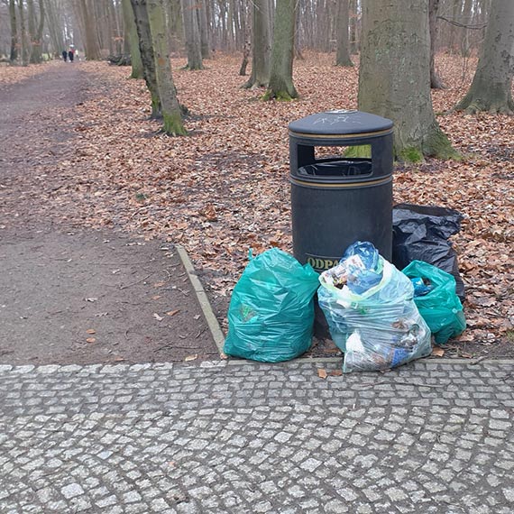 Śmieci i przewrócony wózek po weekendzie w Parku Zdrojowym