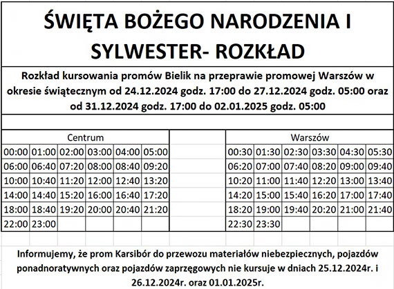 Rozkład kursowania promów w okresie świąteczno-noworocznym