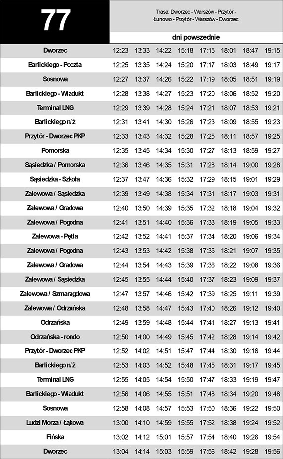 Dodatkowy kurs linii 77 w dni powszednie