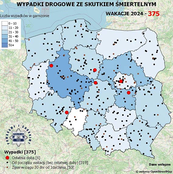 Policyjna Mapa Wypadków Drogowych ze Skutkiem Śmiertelnym - Wakacje 2025