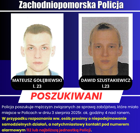 Policja poszukuje dwóch mężczyzn związanych ze sprawą zabójstwa w Policach