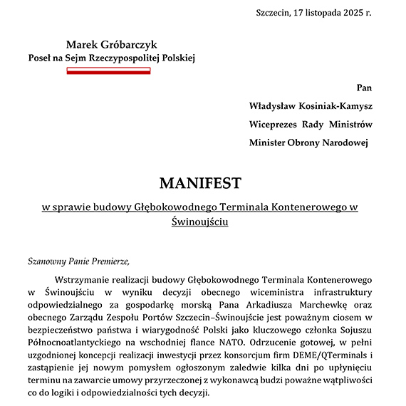 MANIFEST w sprawie budowy Głębokowodnego Terminala Kontenerowego w Świnoujściu