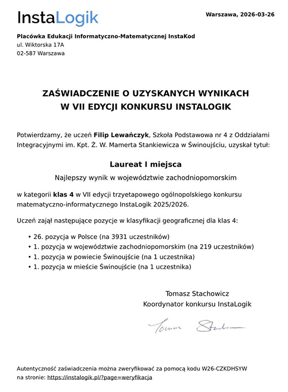 Sukces ucznia Szkoły Podstawowej nr 4 w Świnoujściu – Filip Lewańczyk laureatem VII edycji Ogólnopolskiego Konkursu Matematyczno-Informatycznego InstaLogik [1]